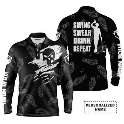 Golf Men Polo Shirts, Swing Swear Drink Repeat Custom Name Black Golf Clubs Pattern Apparel - Personalized Gift For Men, Husband, Boyfriend, Lovers