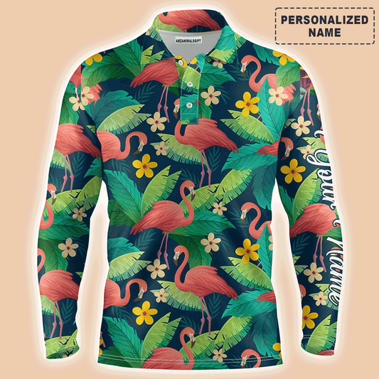 Custom Golf Long Sleeve Men Polo Shirt - Custom Name Colorful Flamingo Pattern Green Tropical Leaves Apparel - Personalized Gift For Men, Golf Lover