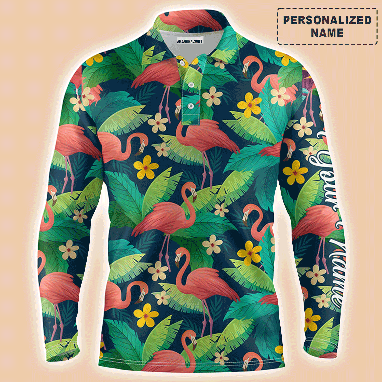 Custom Golf Long Sleeve Men Polo Shirt - Custom Name Colorful Flamingo Pattern Green Tropical Leaves Apparel - Personalized Gift For Men, Golf Lover