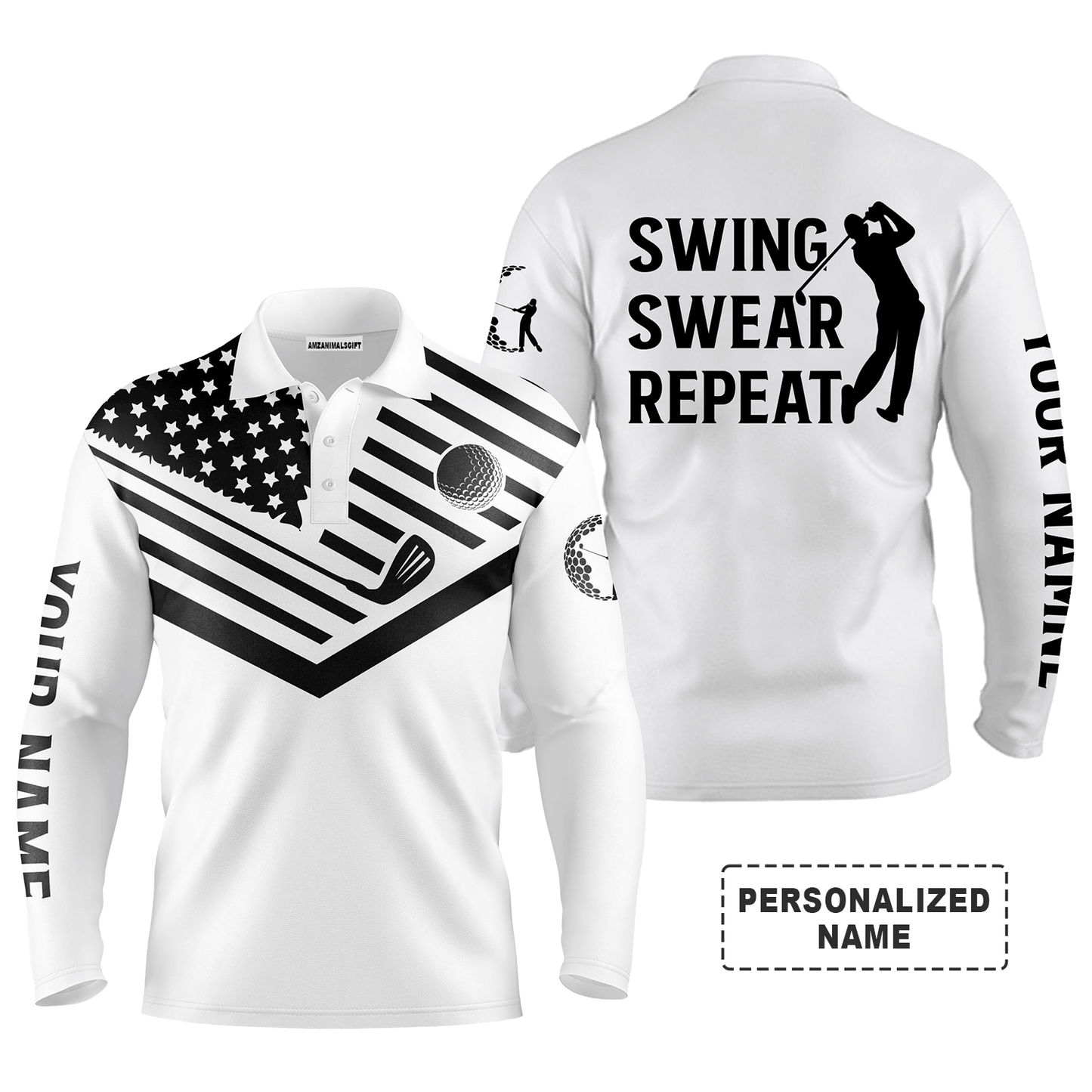 Custom Golf Long Sleeve Men Polo Shirt  - Custom Name Black American Flag 4th July Apparel, Swing Swear Repeat Men Golf Polo Shirt For Golf Lover