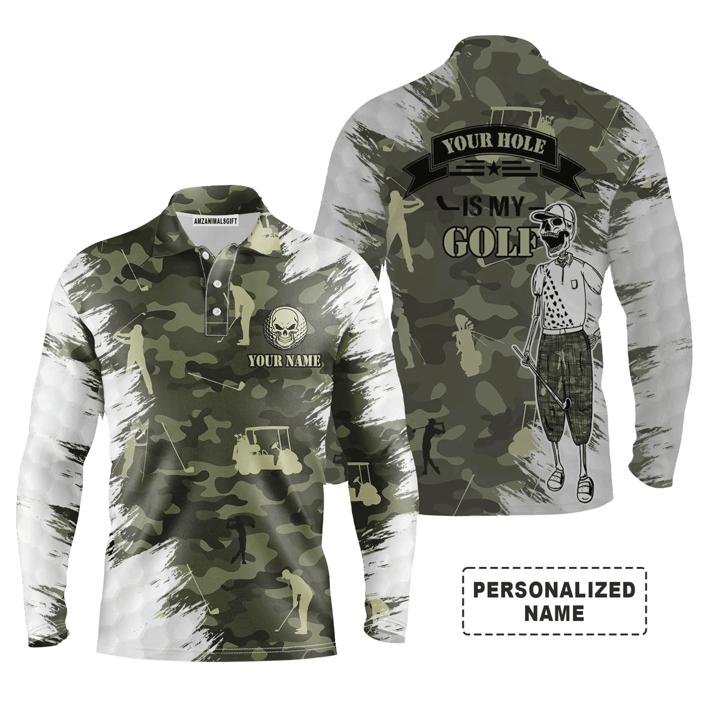 Custom Golf Long Sleeve Men Polo Shirt- Funny Skull Green Camo Custom Name Apparel, Your Hole Is My Goal Polo Shirt - Personalized Gift For Golf Lover