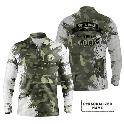 Custom Golf Long Sleeve Men Polo Shirt- Funny Skull Green Camo Custom Name Apparel, Your Hole Is My Goal Polo Shirt - Personalized Gift For Golf Lover