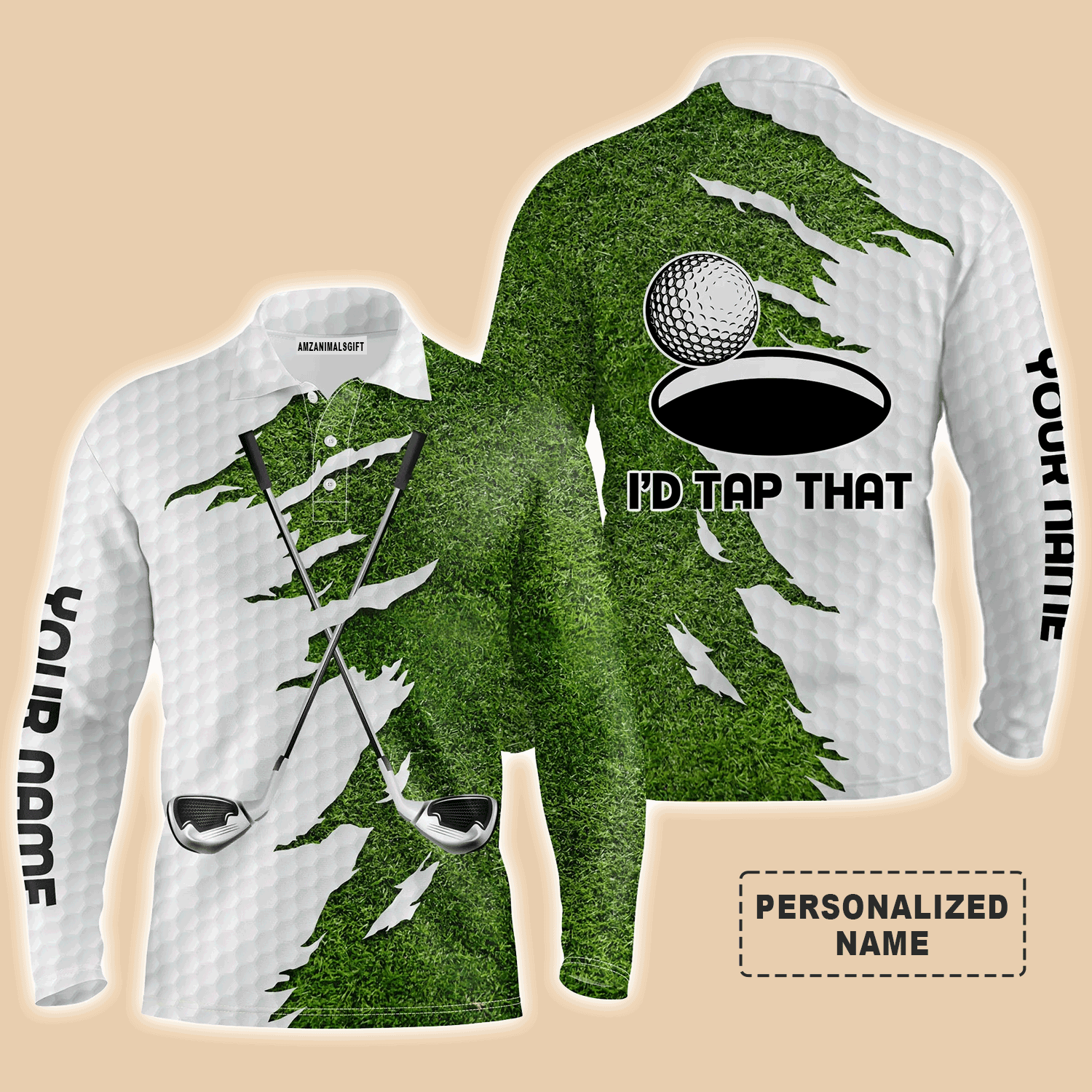 Custom Golf Long Sleeve Men Polo Shirt - Green Golf Course Custom Name , I'd Tap That Men Golf Polo Shirt - Personalized Gift For Golf Men, Golf Lover