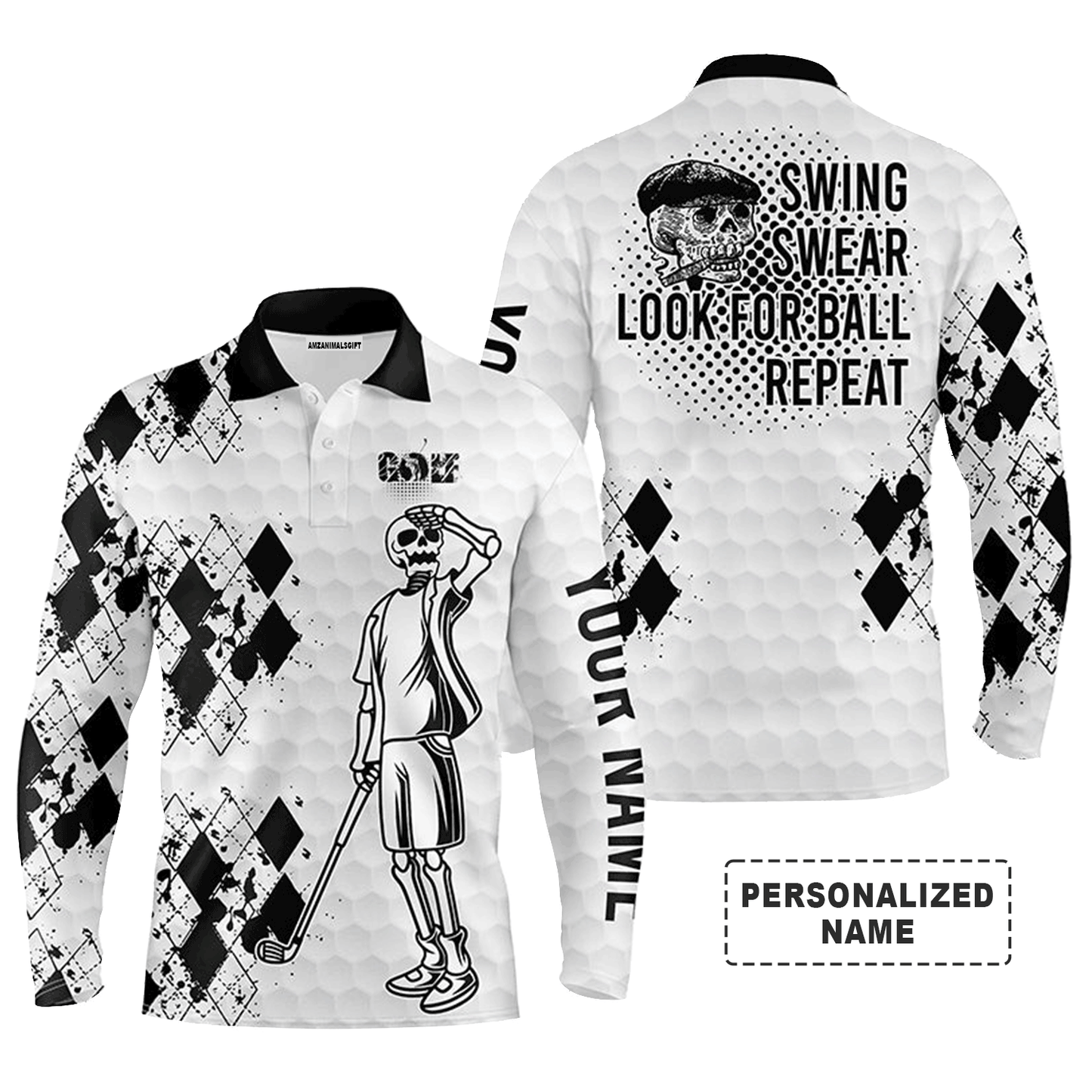 Custom Golf Long Sleeve Men Polo Shirt- Custom Name Black White Golf Skull Apparel, Swing Swear Look For Ball Repeat Men Polo Shirt