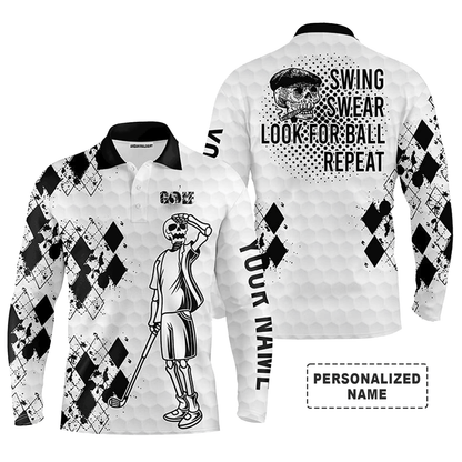 Custom Golf Long Sleeve Men Polo Shirt- Custom Name Black White Golf Skull Apparel, Swing Swear Look For Ball Repeat Men Polo Shirt