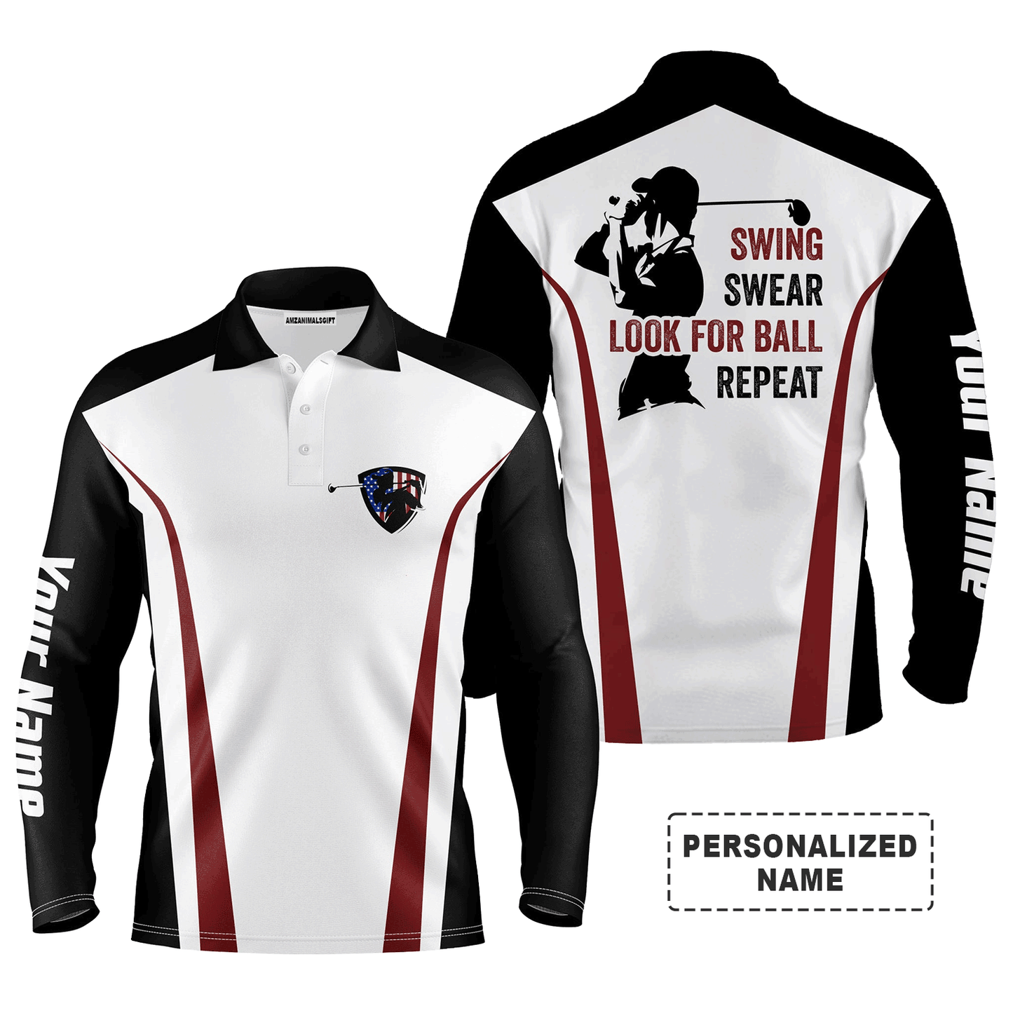 Custom Golf Long Sleeve Men Polo Shirt -Funny Custom Name Black White Red Apparel, Swing Swear Look For Ball Repeat Gift For Golf Lover