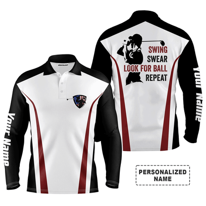 Custom Golf Long Sleeve Men Polo Shirt -Funny Custom Name Black White Red Apparel, Swing Swear Look For Ball Repeat Gift For Golf Lover