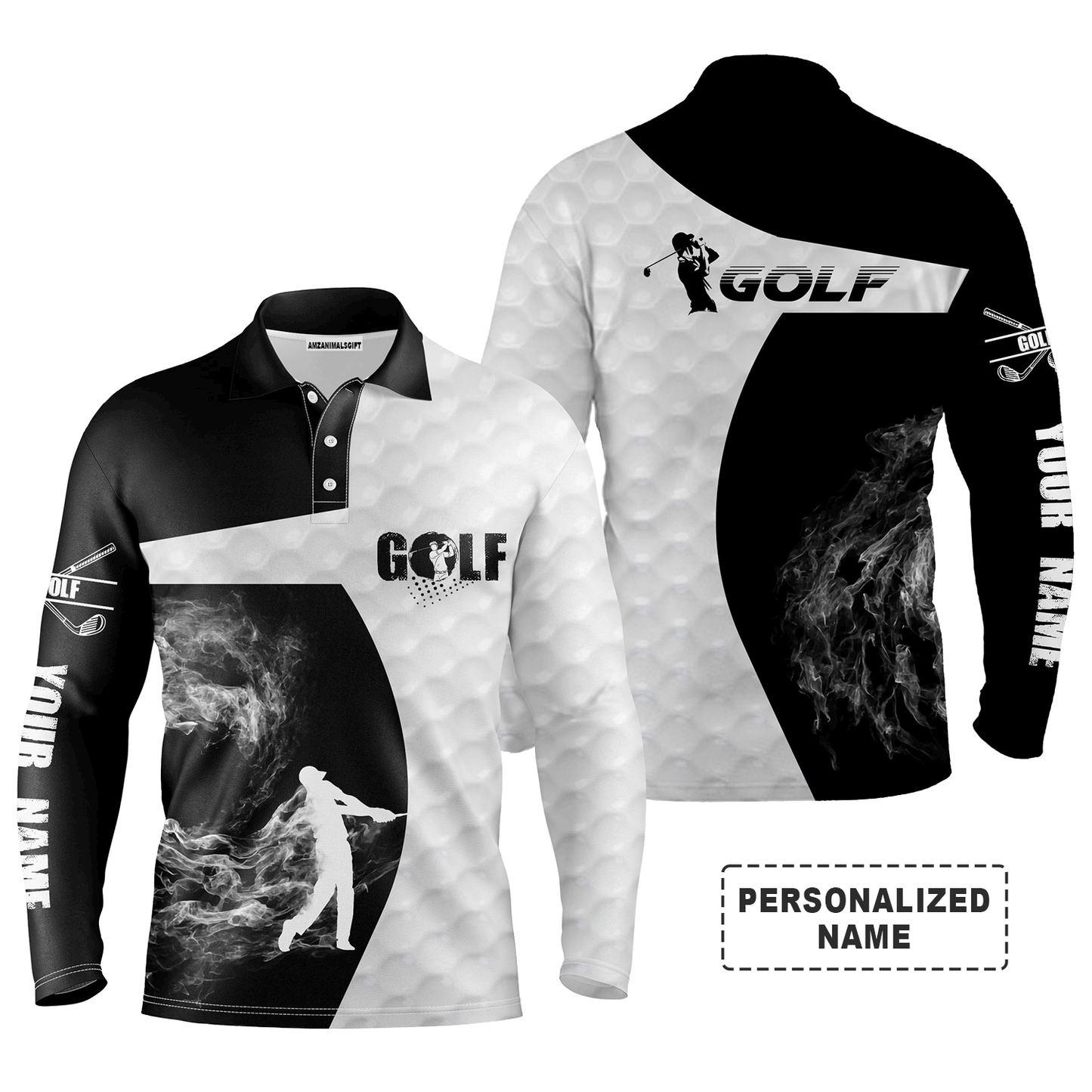 Custom Golf Long Sleeve Men Polo Shirt - Custom Name Black and White Apparel - Personalized Gift For Men, Golf Lover