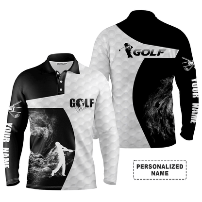Custom Golf Long Sleeve Men Polo Shirt - Custom Name Black and White Apparel - Personalized Gift For Men, Golf Lover