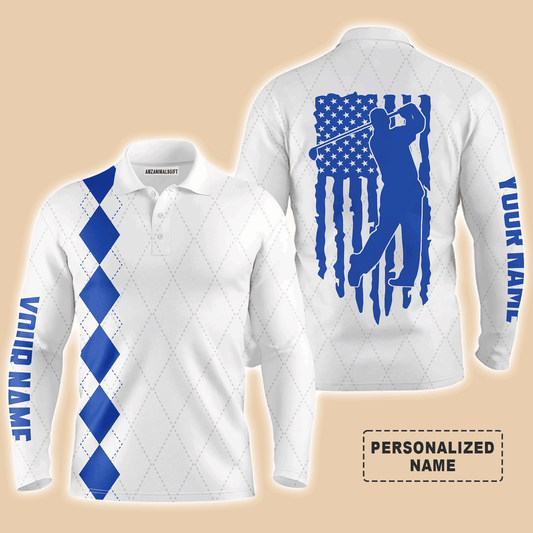 Custom Golf Long Sleeve Men Polo Shirt - Custom Name Blue American Flag Apparel - Personalized Gift For Golf Lover, Team, Husband, Boyfriend, 4th July