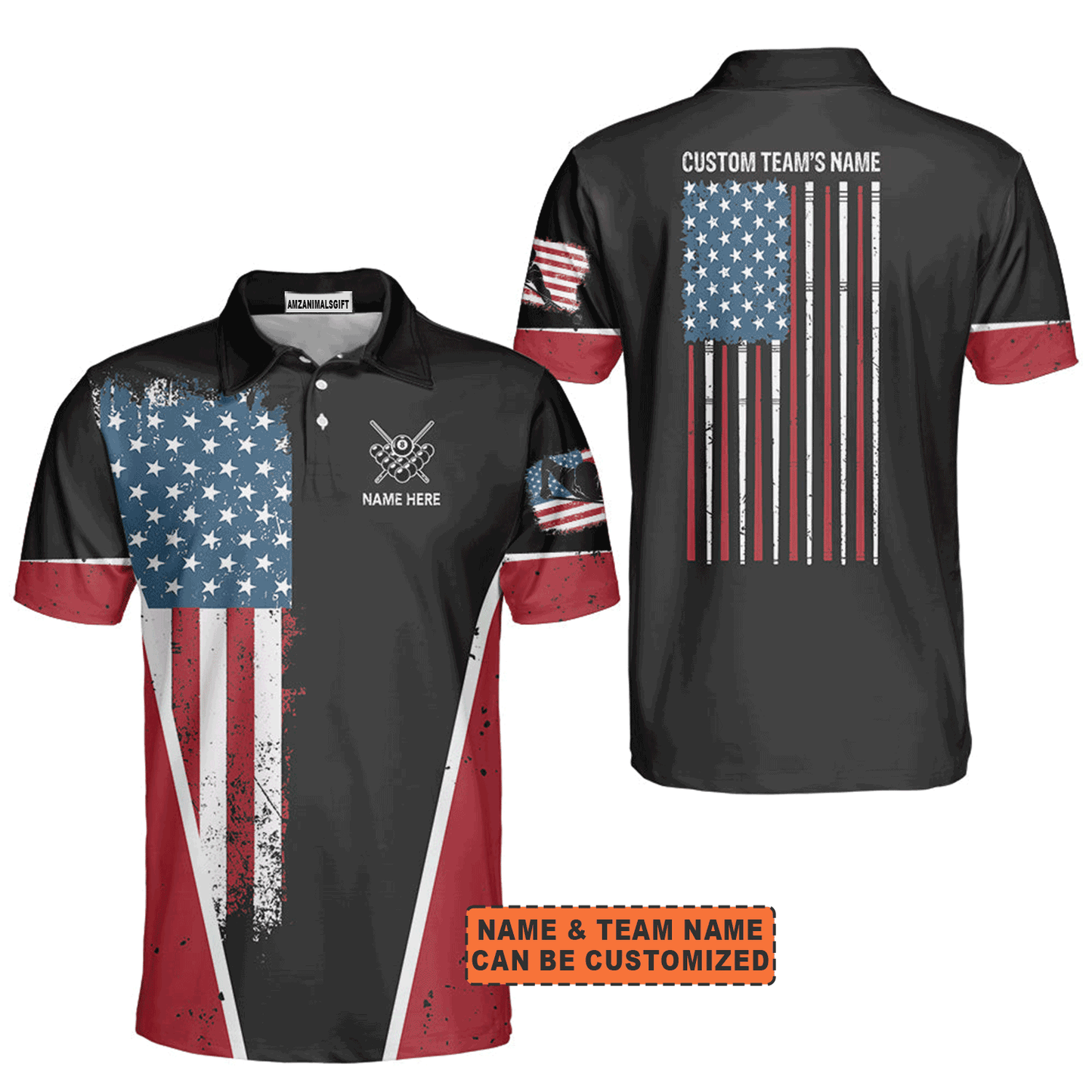 Customized Billiards Men Polo Shirt, Personalized 3D Billiards 8 Ball Pool Player US Flag Pattern Polo Shirt For Men, Billiards Lovers