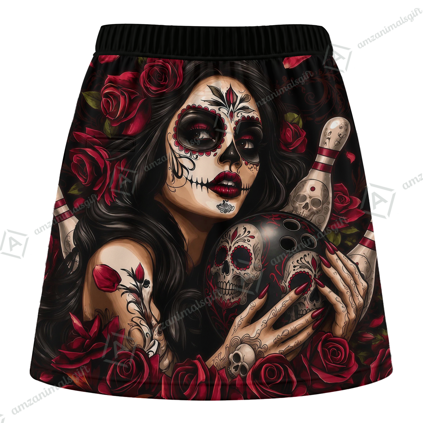 Customized Bowling Trouser Skirts With Shorts Underneath, Bowling Sugar Skull Women With Pockets