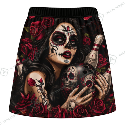 Customized Bowling Trouser Skirts With Shorts Underneath, Bowling Sugar Skull Women With Pockets