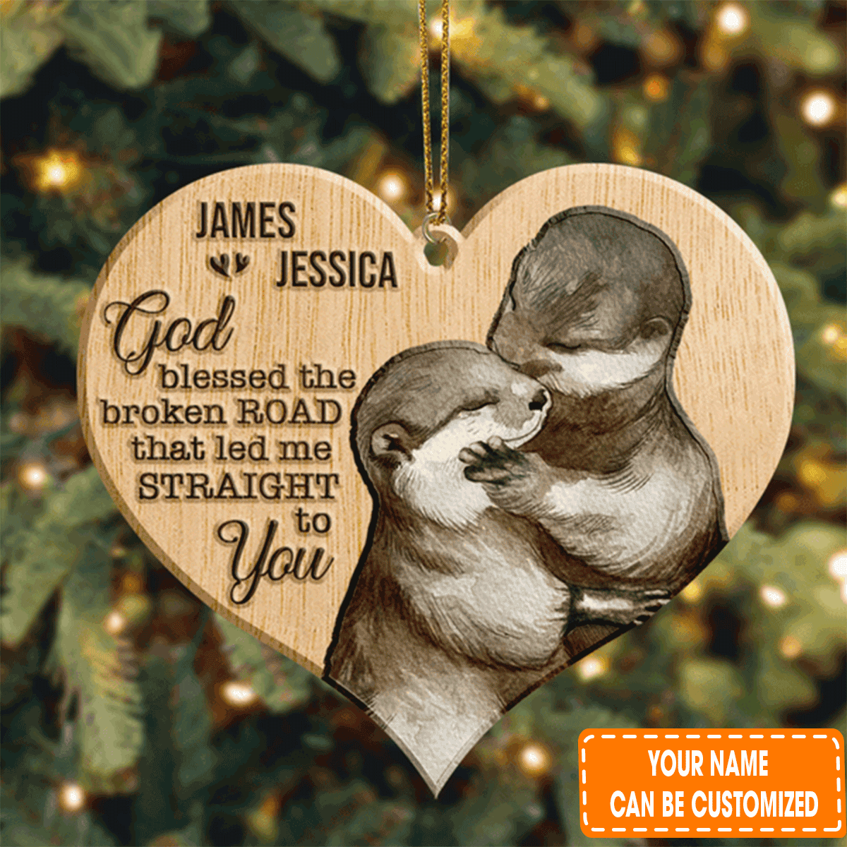 Custom Jesus Acrylic Ornament, Personalized Cuddling Otter Couple God Blessed Acrylic Ornament For Christian, Holiday Decor