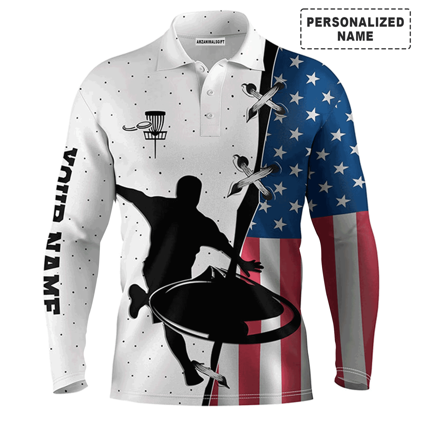 Custom Disc Golf Long Sleeve Men Polo Shirt - Custom Name American Flag Apparel - Personalized Gift For Men, Disc Golf Lover