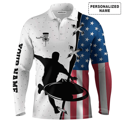 Custom Disc Golf Long Sleeve Men Polo Shirt - Custom Name American Flag Apparel - Personalized Gift For Men, Disc Golf Lover