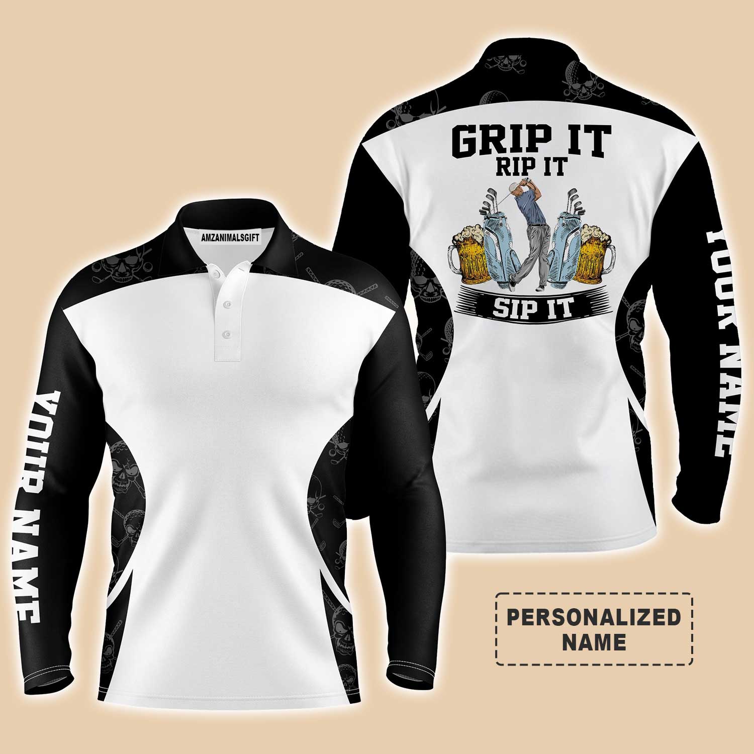 Custom Golf Long Sleeve Men Polo Shirt - Beer And Golf Men Polo Shirt, Grip It Rip It Sip It Men Polo Shirt - Perfect Polo Shirt For Men, Golfers