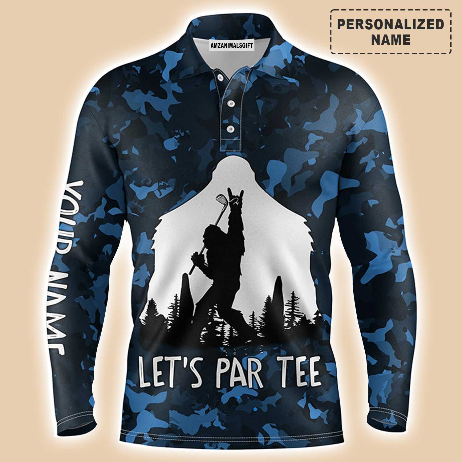 Custom Golf Long Sleeve Men Polo Shirt - Bigfoot Golf Custom Name, Funny Bigfoot Blue Camo Custom Polo Shirt - Perfect Polo Shirt For Men, Golfers