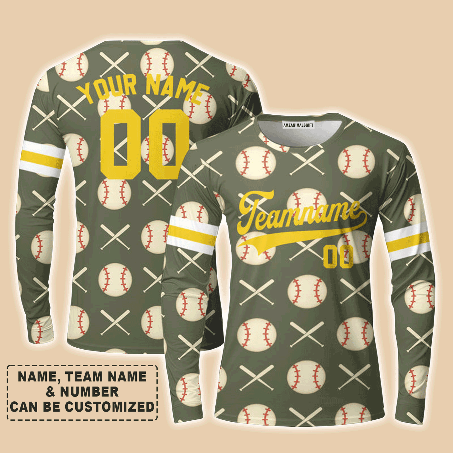 Customized Baseball Long Sleeve Shirt, Olive Baseball Striped Pattern Custom Long Sleeve Shirt - Perfect Long Sleeve Shirt For Men & Woman, Baseball Lovers