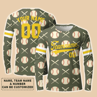 Customized Baseball Long Sleeve Shirt, Olive Baseball Striped Pattern Custom Long Sleeve Shirt - Perfect Long Sleeve Shirt For Men & Woman, Baseball Lovers