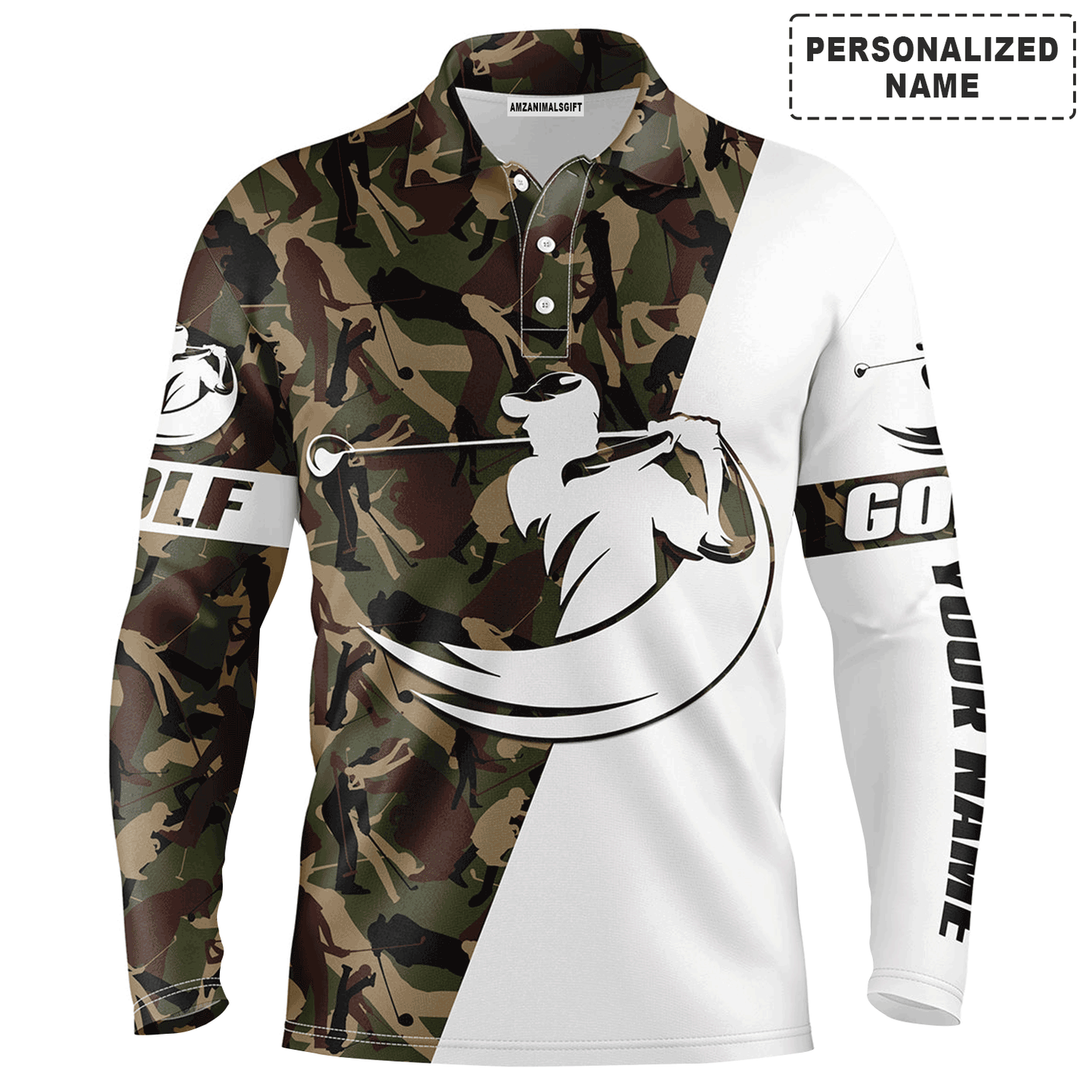 Custom Golf Long Sleeve Men Polo Shirt - Custom Name White And Camo Apparel - Personalized Sports Gift For Men, Golf Lover