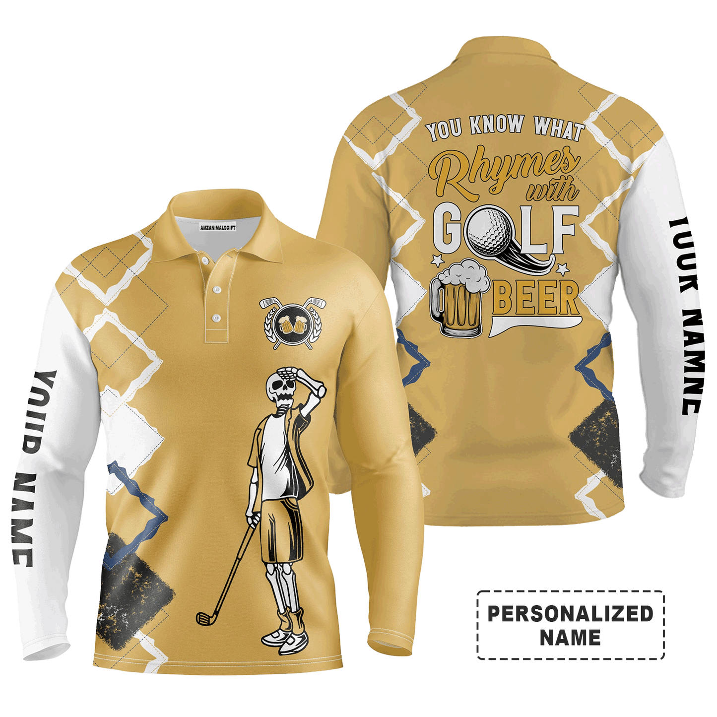 Custom Golf Long Sleeve Men Polo Shirt, Custom Name Funny Golf Skull, You Know What Rhymes With Golf Beer Polo Shirt For Men, Golf Lover
