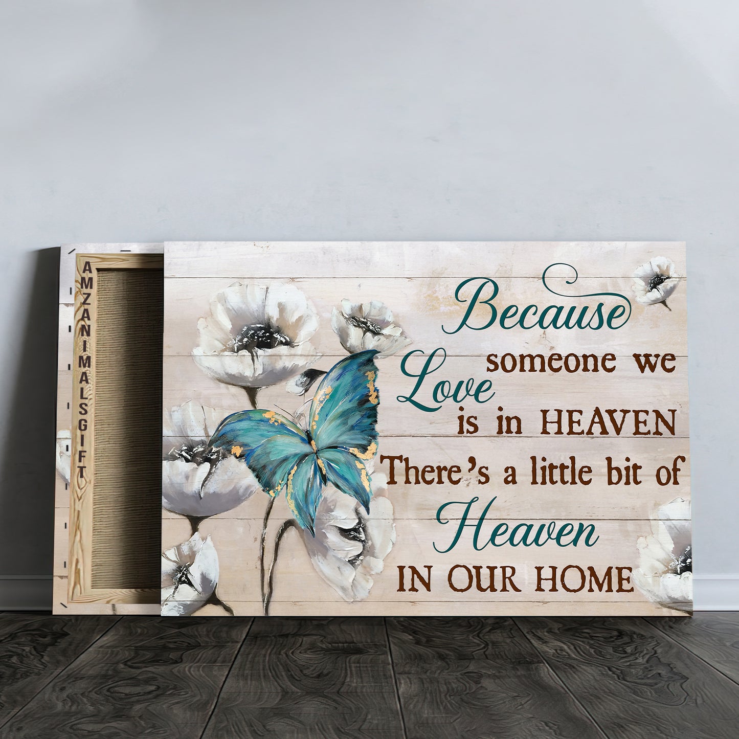 Memorial Premium Wrapped Landscape Canvas - White Poppy, Blue Butterfly, There's A Little Bit Of Heaven In Our Home - Heaven Gift For Members Family