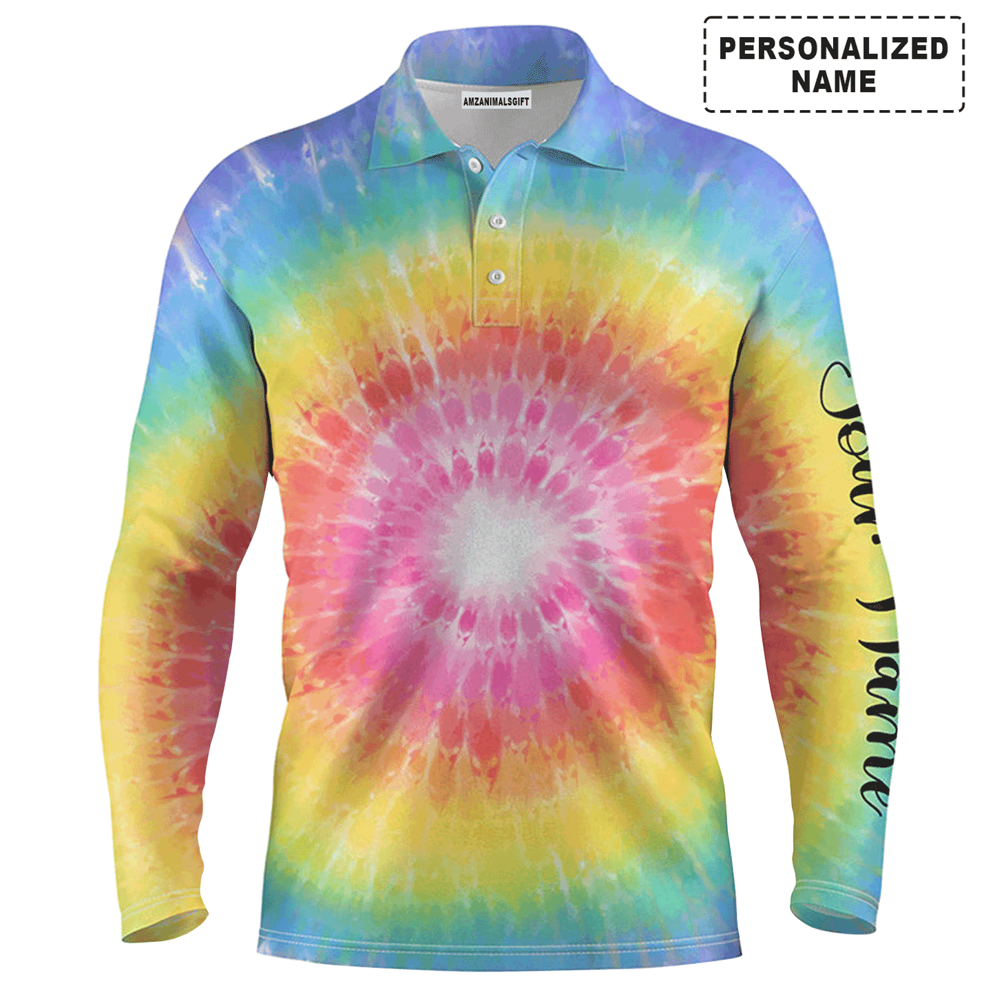 Custom Golf Long Sleeve Men Polo Shirt - Rainbow Coloured Tie Dye Painted Pattern Custom Name Apparel - Personalized Gift For Men, Golf Lover