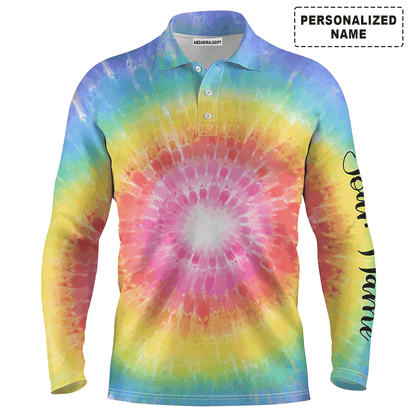 Custom Golf Long Sleeve Men Polo Shirt - Rainbow Coloured Tie Dye Painted Pattern Custom Name Apparel - Personalized Gift For Men, Golf Lover