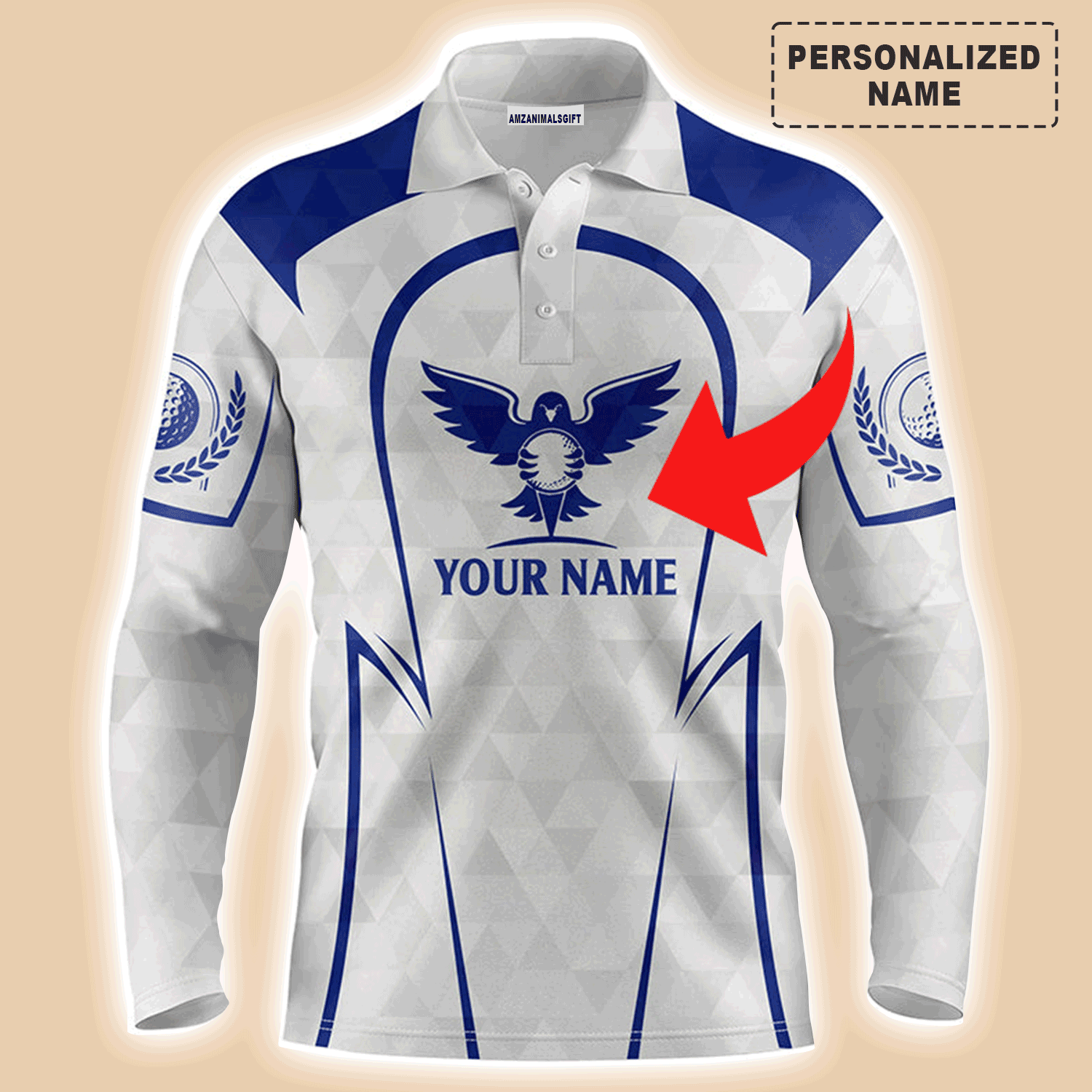 Custom Golf Long Sleeve Men Polo Shirt - Golf Clubs Custom Name And Logo Blue & White Apparel - Personalized Gift For Men, Golf Lover