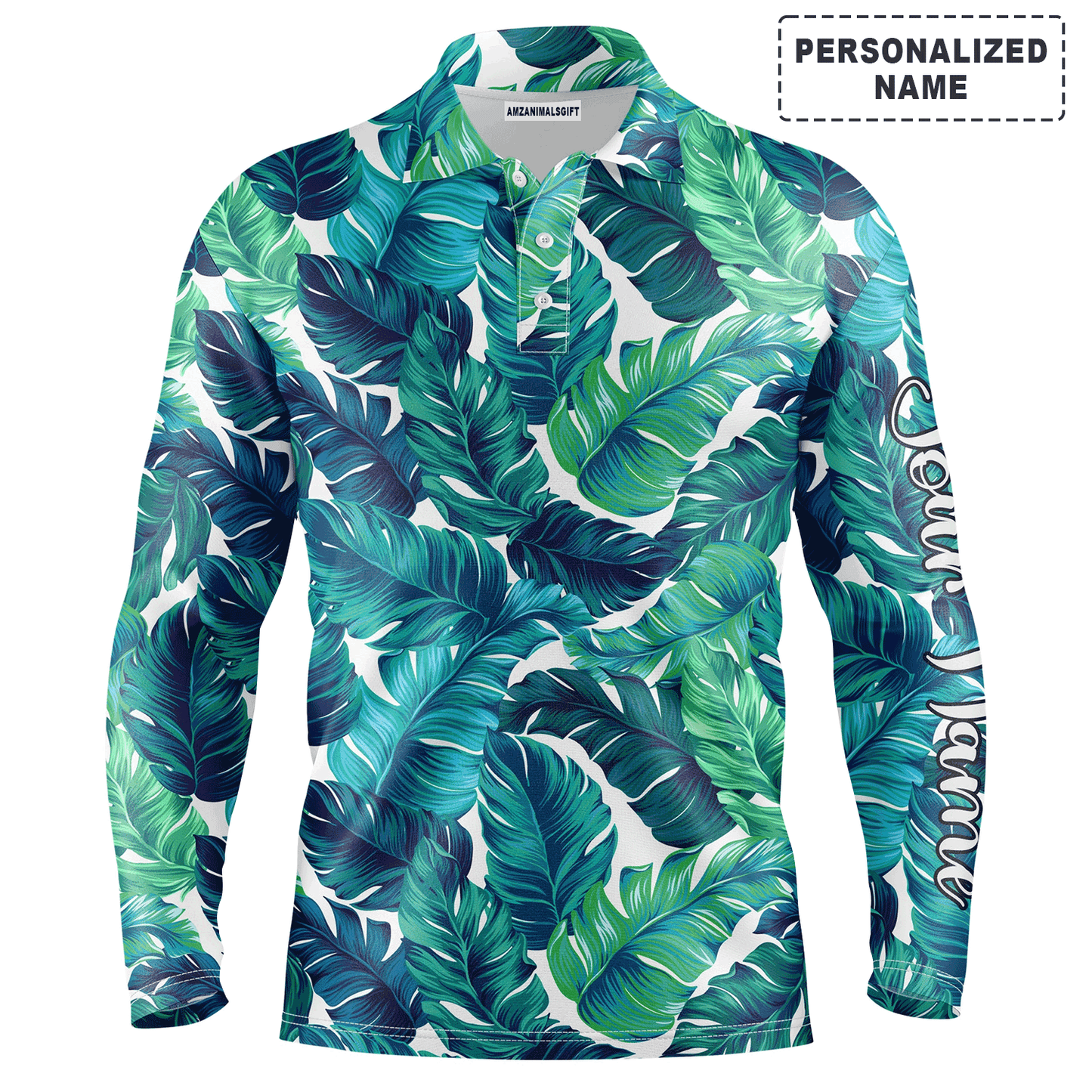 Custom Golf Long Sleeve Men Polo Shirt,Custom Name Turquoise And Green Tropical Leaves Apparel,Personalized Gift For Men, Golf Lover