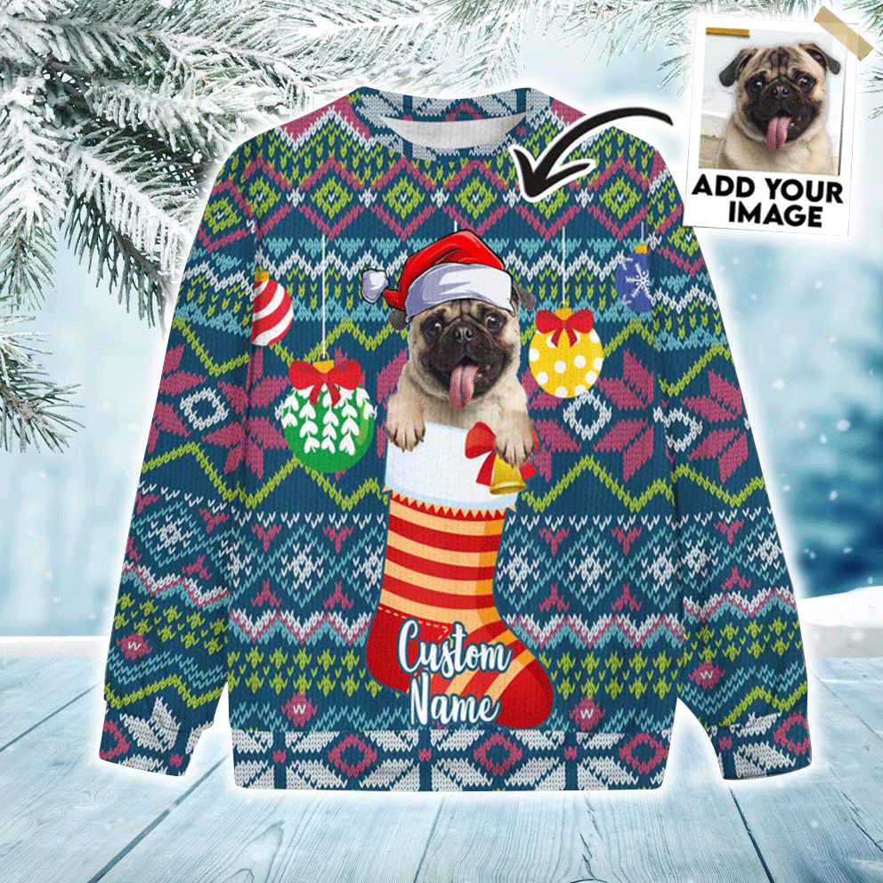 Custom Pet Sweater - Personalized Pet Photo Sweater Funny, Christmas Socks Green Blue Color Sweater, Perfect Gift For Dog Lovers, Friend, Family