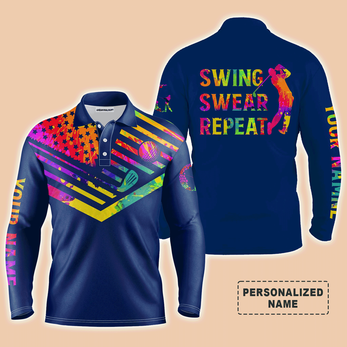 Custom Golf Long Sleeve Men Polo Shirt- Custom Name Watercolor American Flag Multicolor Apparel,Swing Swear Repeat Men Golf Polo Shirt  For Golf Lover