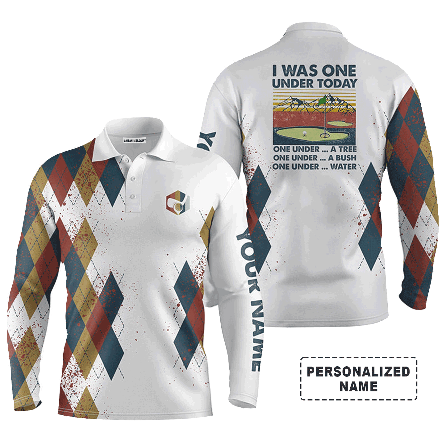 Custom Golf Long Sleeve Men Polo Shirt - I Was One Under Today One Under A Tree Bush and Water Golf Men Polo Shirt For Golf Lover