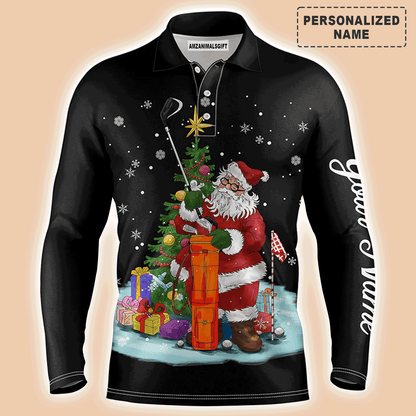 Custom Golf Long Sleeve Men Polo Shirt - Santa Golfer Christmas Custom Name Apparel - Personalized Gift For Golf Lover, Team, Husband, Men