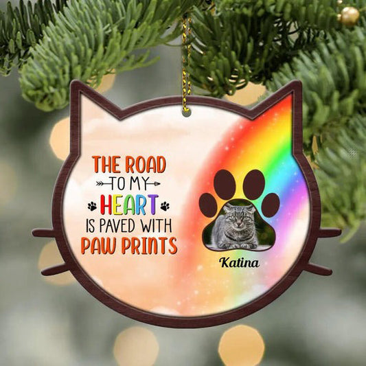 Customized Cat Photo Wooden Ornament, Custom Pet Photo Wood Ornament, The Road To My Heart - Christmas Gift For Cat Lovers, Pet Lovers