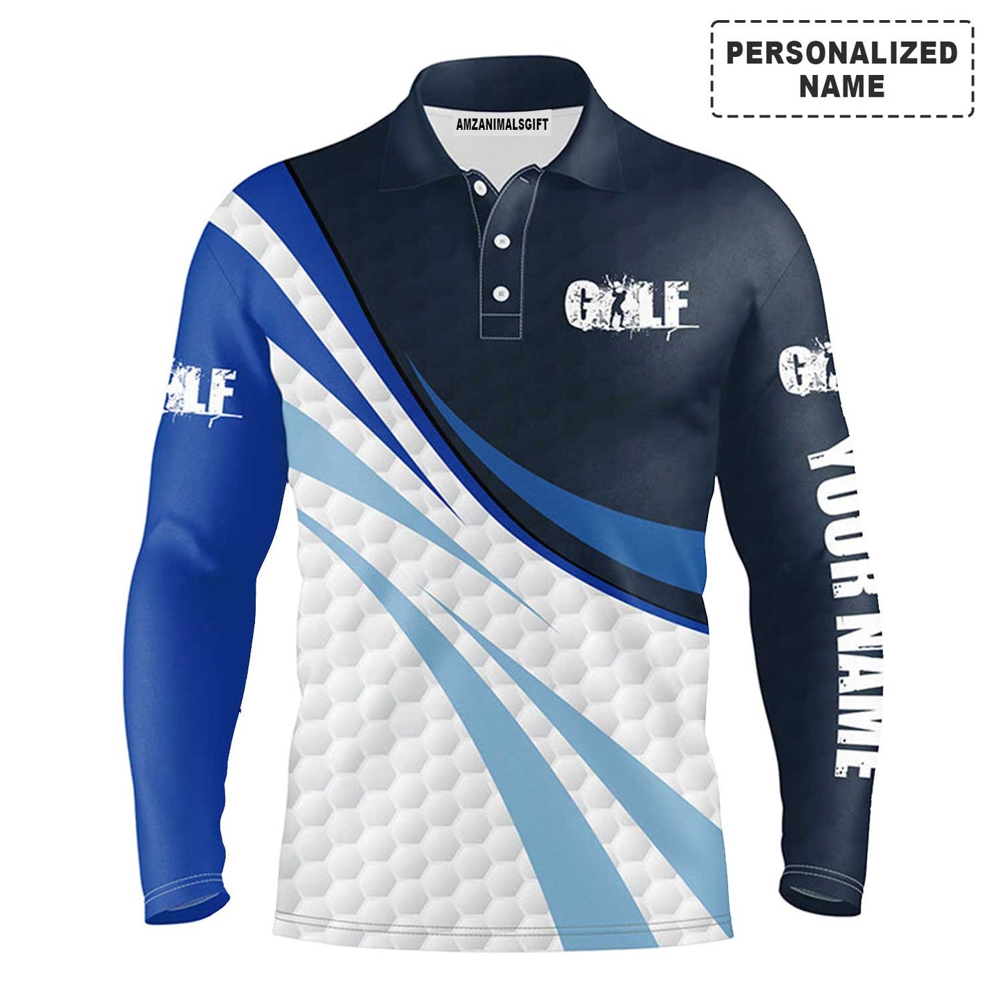 Custom Golf Long Sleeve Men Polo Shirt - Blue And White Golf Balls Custom Name Apparel Men Polo Shirt - Personalized Gift For Golf Lover, Team, Golfer