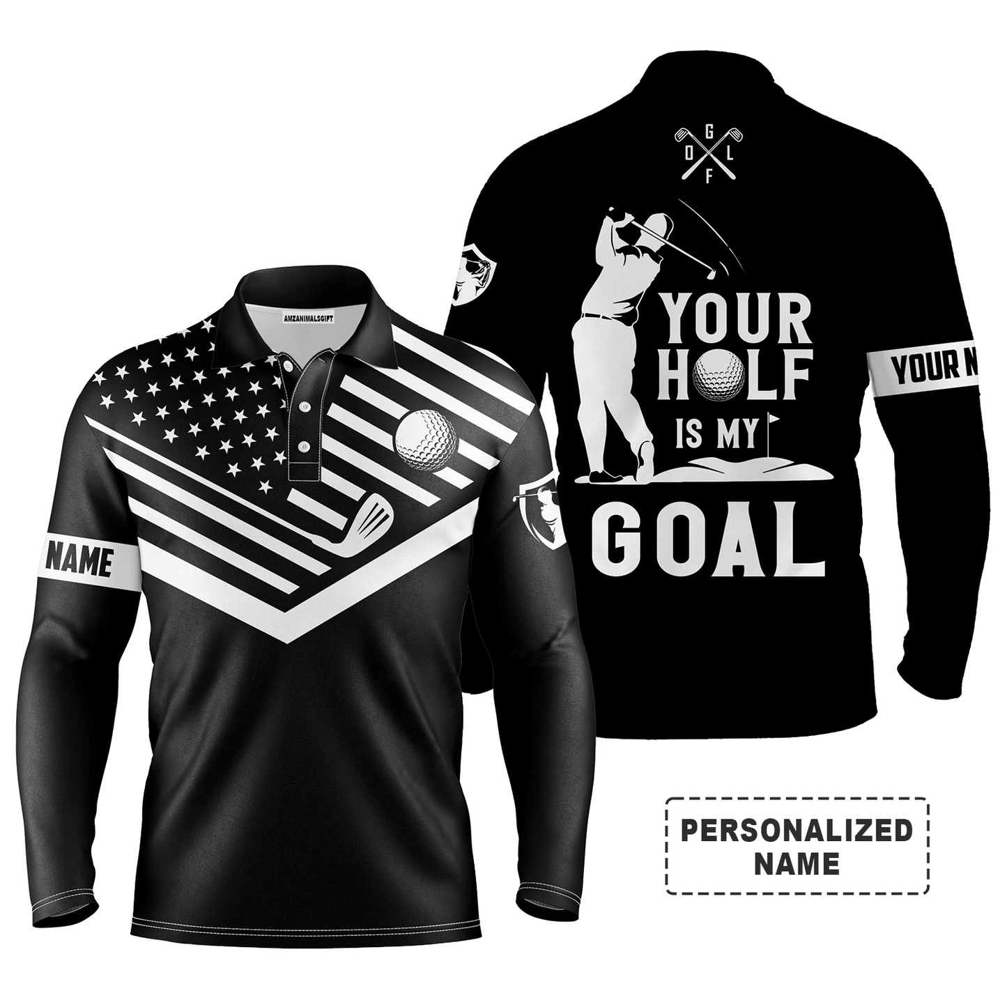 Custom Golf Long Sleeve Men Polo Shirt-Custom Name White American Flag, Your Hole Is My Goal Men Golf Polo Shirt  For Men, Golf Lover