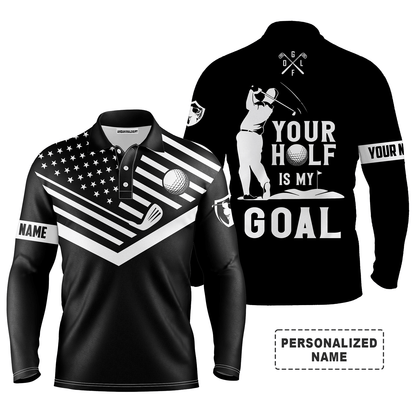Custom Golf Long Sleeve Men Polo Shirt-Custom Name White American Flag, Your Hole Is My Goal Men Golf Polo Shirt  For Men, Golf Lover