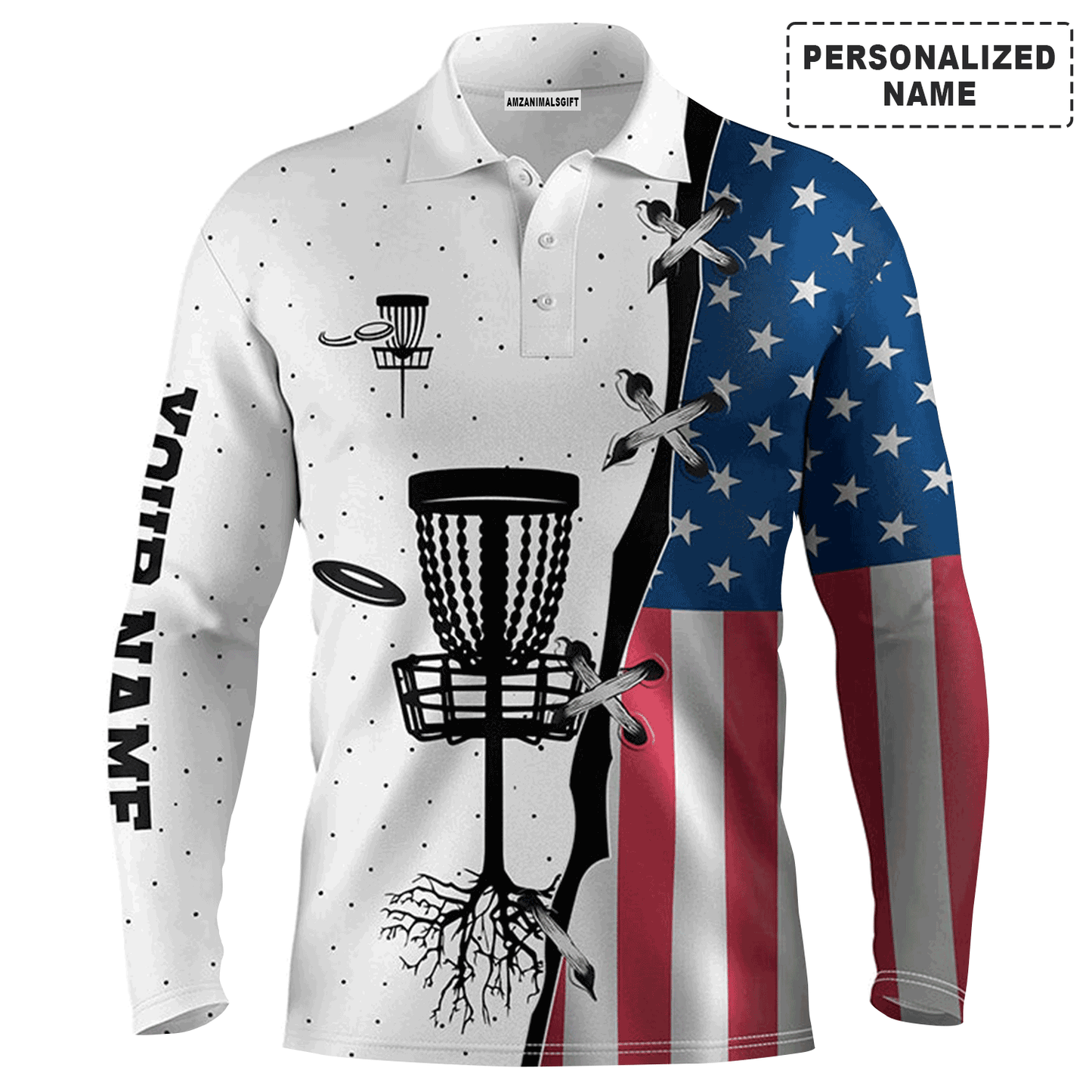 Custom Golf Long Sleeve Men Polo Shirt, Custom Name American Flag Disc Golf Team Apparel - Perfect Gift For Men, Golf Lovers