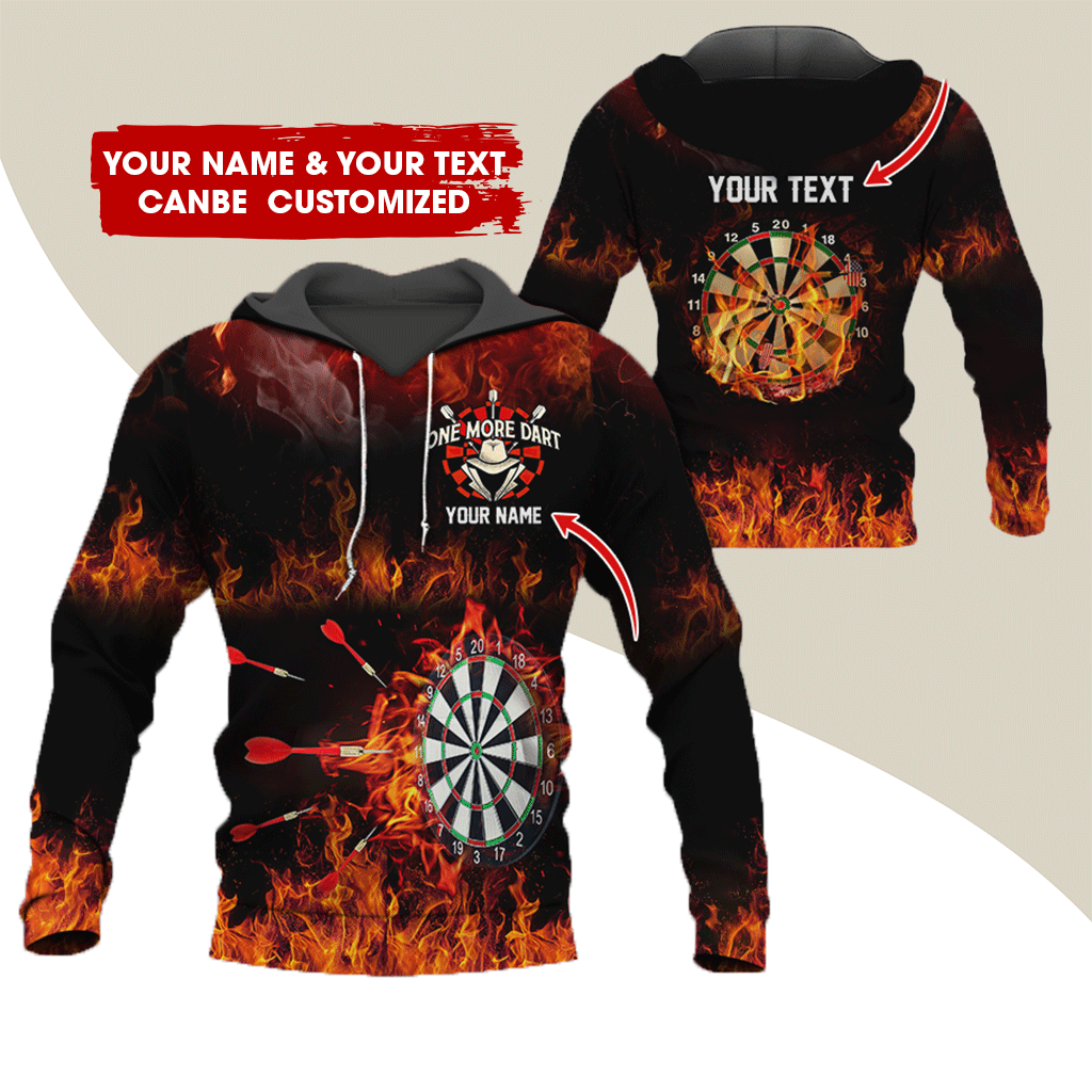 Customized Name & Text Darts Premium Hoodie, One More Dart & Fire Pattern Darts Shirts For Men & Women - Gift For Darts Lovers, Friend, Family