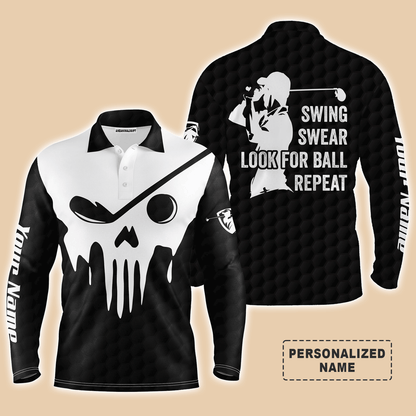 Custom Golf Long Sleeve Men Polo Shirt- Custom Name Multicolor Golf Skull - Swing Swear Look For Ball Repeat Men Polo Shirt For Golf Lover