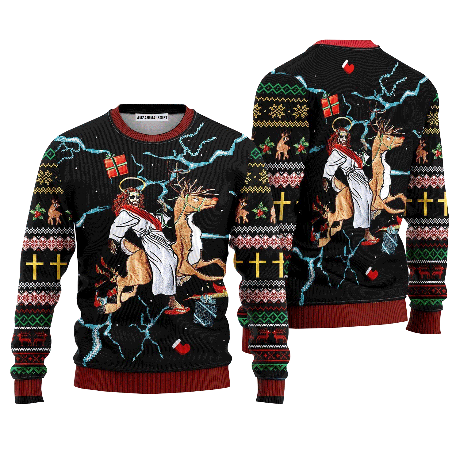 Jesus Riding Reindeer Black Christmas Sweater, Ugly Sweater For Men & Women, Perfect Outfit For Christmas New Year Autumn Winter