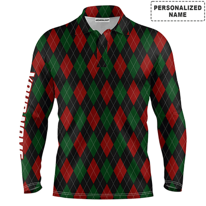 Custom Golf Long Sleeve Men Polo Shirt - Christmas Plaid Argyle Pattern Custom Name Apparel - Personalized Gift For Men, Golf Lover