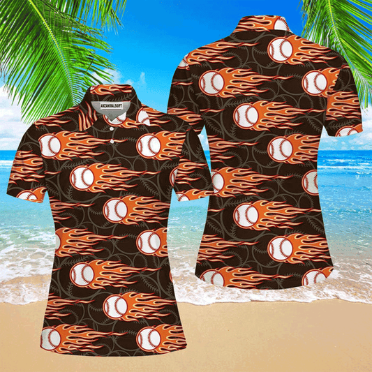 Baseball Women Polo Shirt, Vintage Baseball Fire Polo Shirt For Women, Perfect Polo Shirt For Baseball Lovers