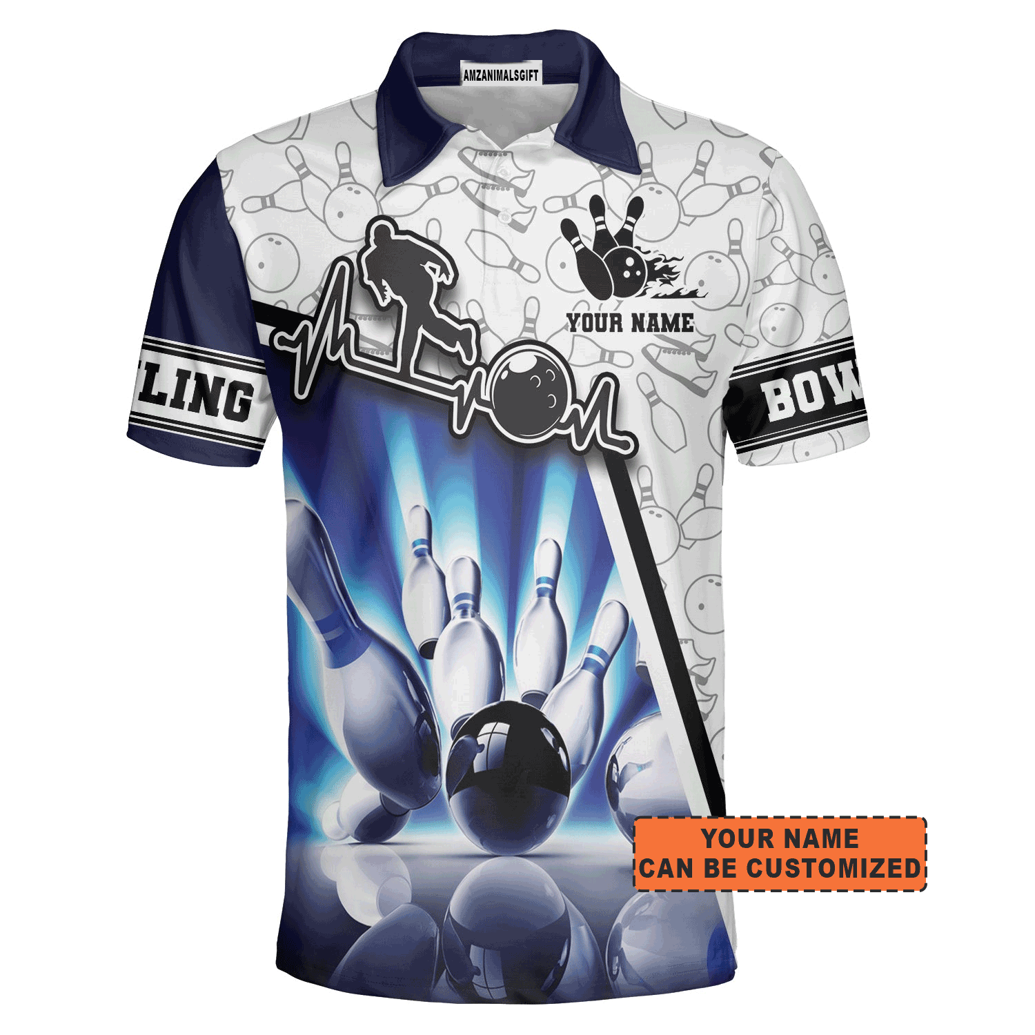 Customized Bowling Men Polo Shirt, Personalized Men Bowling White & Blue Pattern Polo Shirt For Men, Bowling Lovers