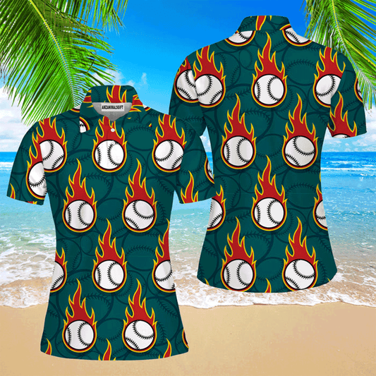 Baseball Women Polo Shirt, Flaming Baseball Ball Polo Shirt For Women, Perfect Polo Shirt For Baseball Lovers