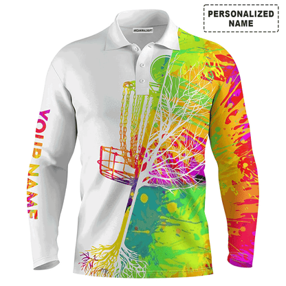 Custom Golf Long Sleeve Men Polo Shirt, Custom Name Watercolor Disc Golf Basket Apparel,Personalized Sports Gift For Men, Golf Lover