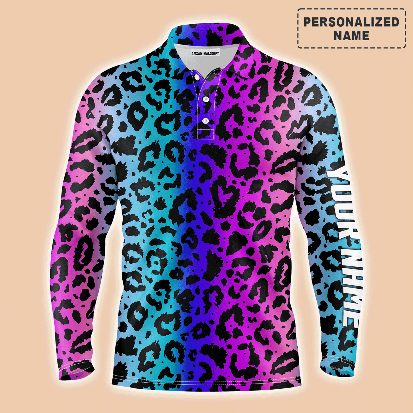 Custom Golf Long Sleeve Men Polo Shirt - Custom Name Colorful Neon Gradient Leopard Pattern Apparel - Personalized Gift For Men, Golf Lover