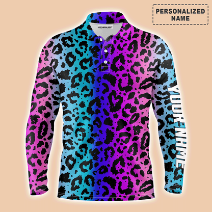 Custom Golf Long Sleeve Men Polo Shirt - Custom Name Colorful Neon Gradient Leopard Pattern Apparel - Personalized Gift For Men, Golf Lover